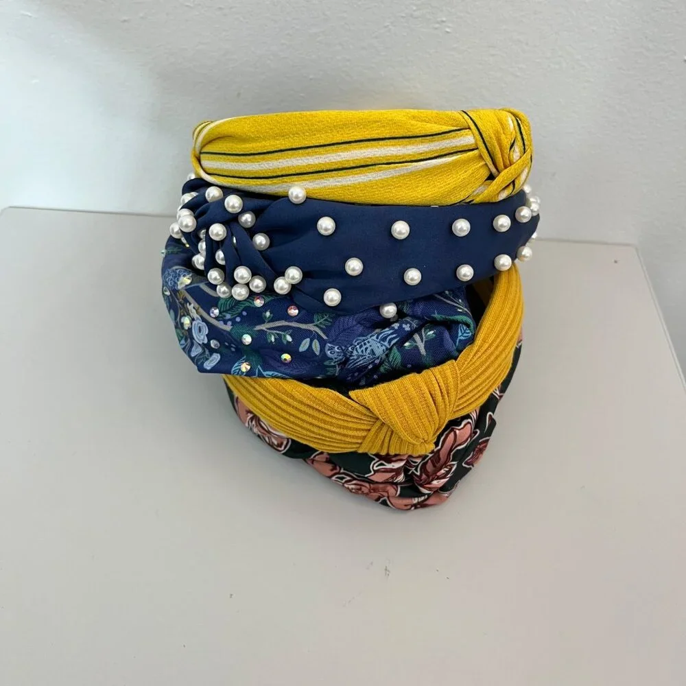Set Of 5 Women's Knotted Headbands With Floral Pearl & Striped Designs Fabric Ma